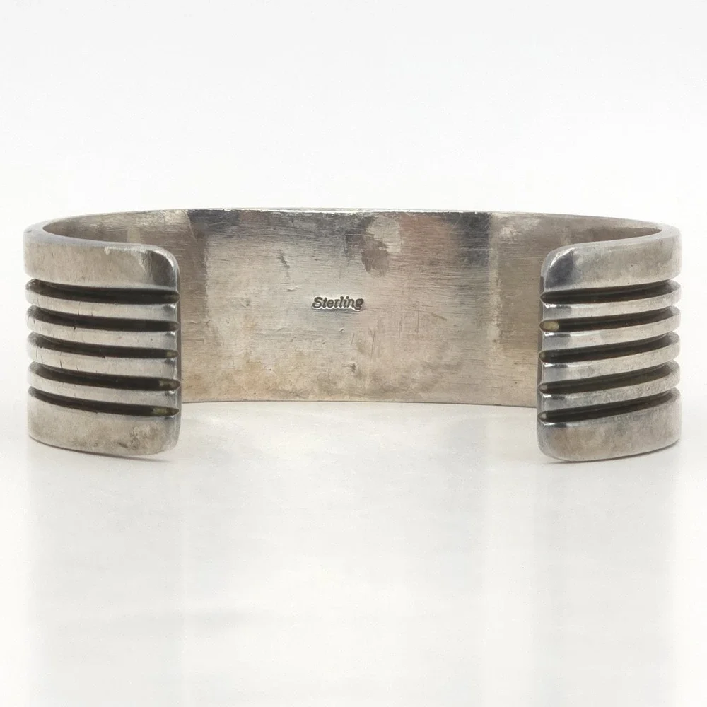 Sterling Silver Cuff Ridged Bracelet Kingman Black Web Turquoise Abstract NA
